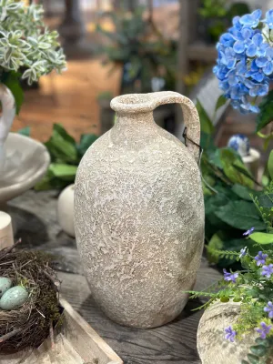 11” Handmade Aged Taupe Clay Jug Decorative Vase Container