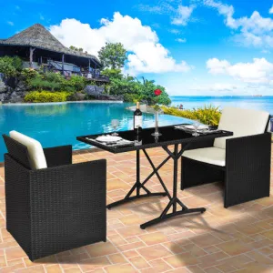 3 pcs Black Patio Rattan Table Chairs Set with Cushions