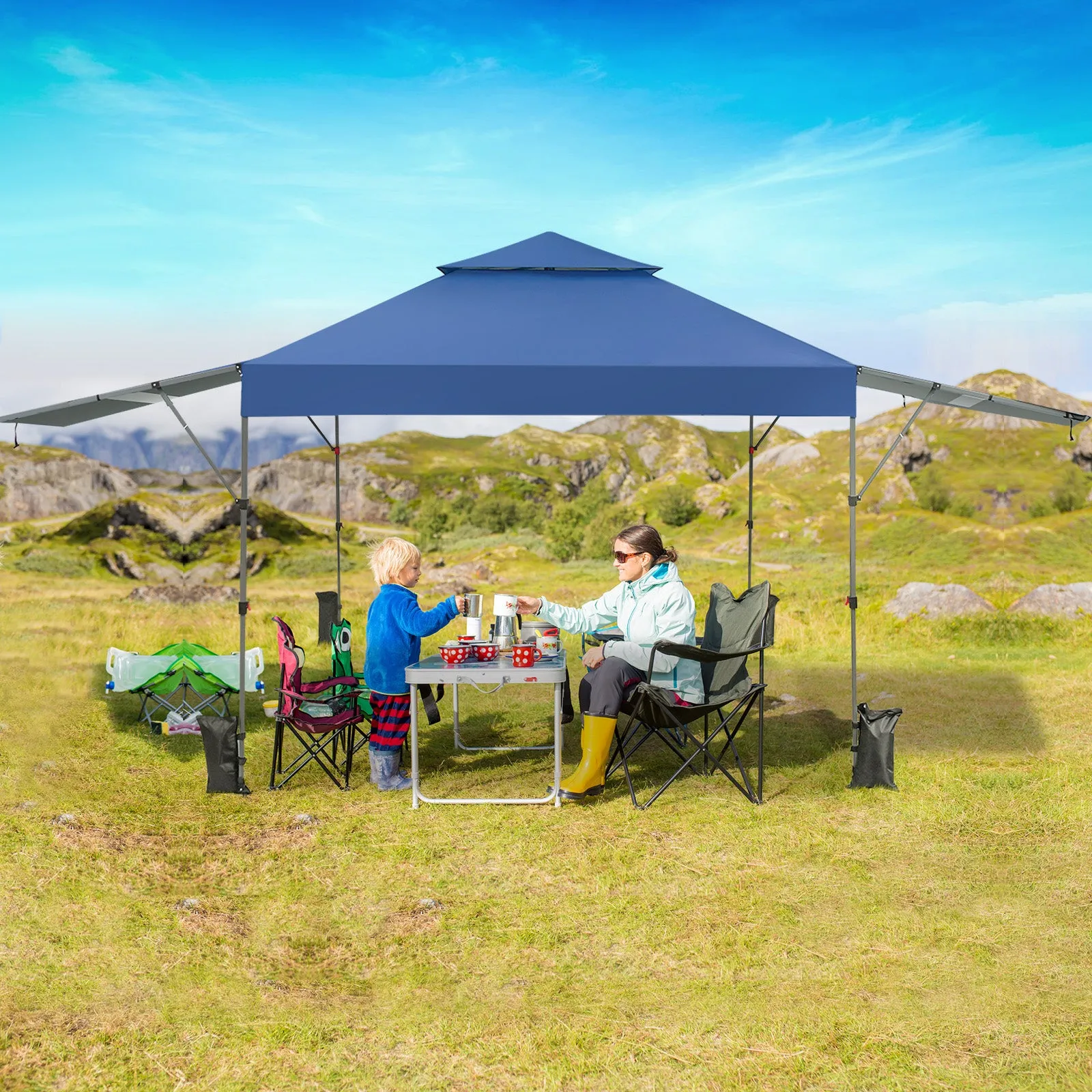 3 x 3m Rolling Pop up Gazebo with Adjustable Dual Awnings and Height-Navy