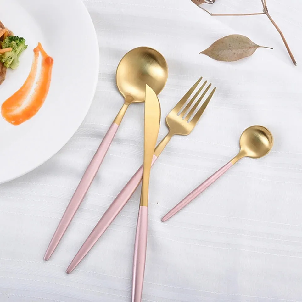 4 Pieces Dual Color Stainless Steel Utensils  Set-Gold Pink