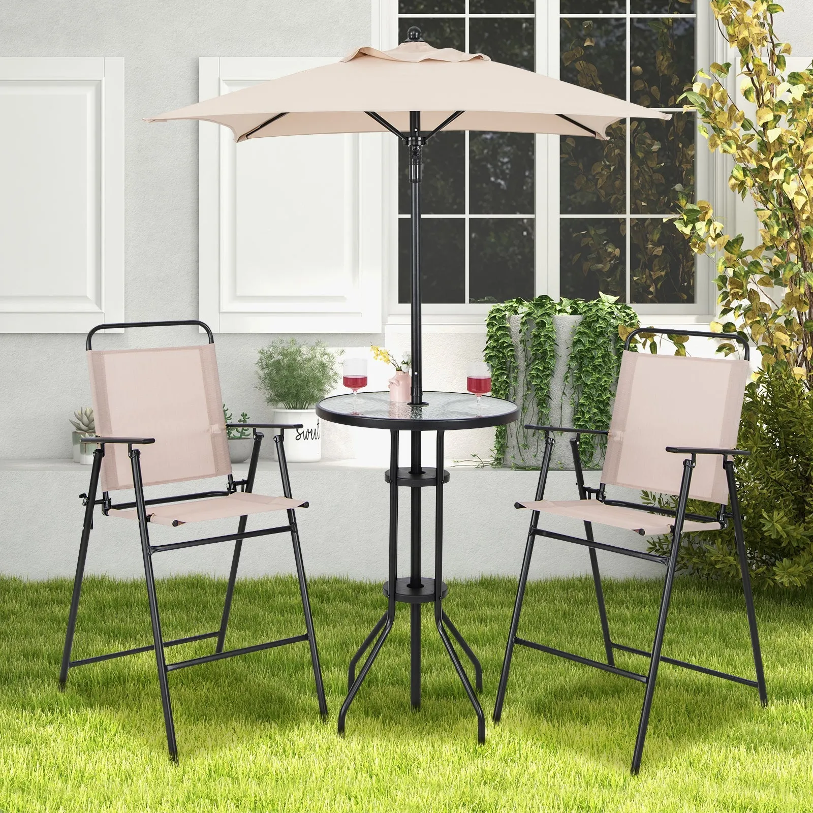 4 Pieces Outdoor Bar Set with 2 Folding Counter Height Chairs and Umbrella-Beige