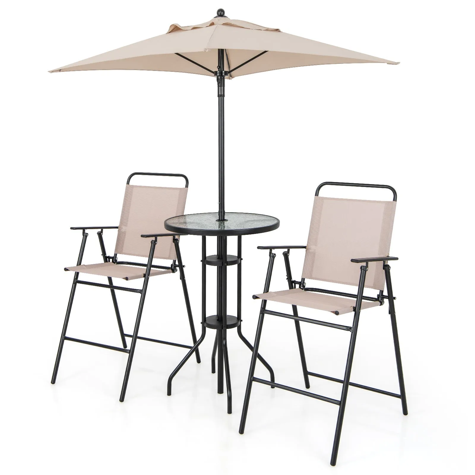 4 Pieces Outdoor Bar Set with 2 Folding Counter Height Chairs and Umbrella-Beige