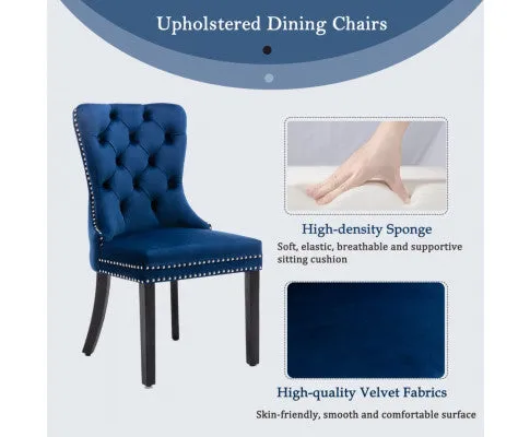 6x Velvet Dining Chairs Upholstered Tufted Kithcen Chair with Solid Wood Legs Stud Trim and Ring-Blue