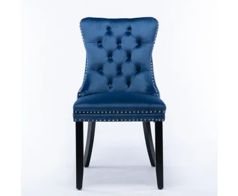 6x Velvet Dining Chairs Upholstered Tufted Kithcen Chair with Solid Wood Legs Stud Trim and Ring-Blue