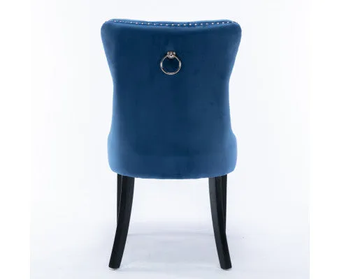 6x Velvet Dining Chairs Upholstered Tufted Kithcen Chair with Solid Wood Legs Stud Trim and Ring-Blue