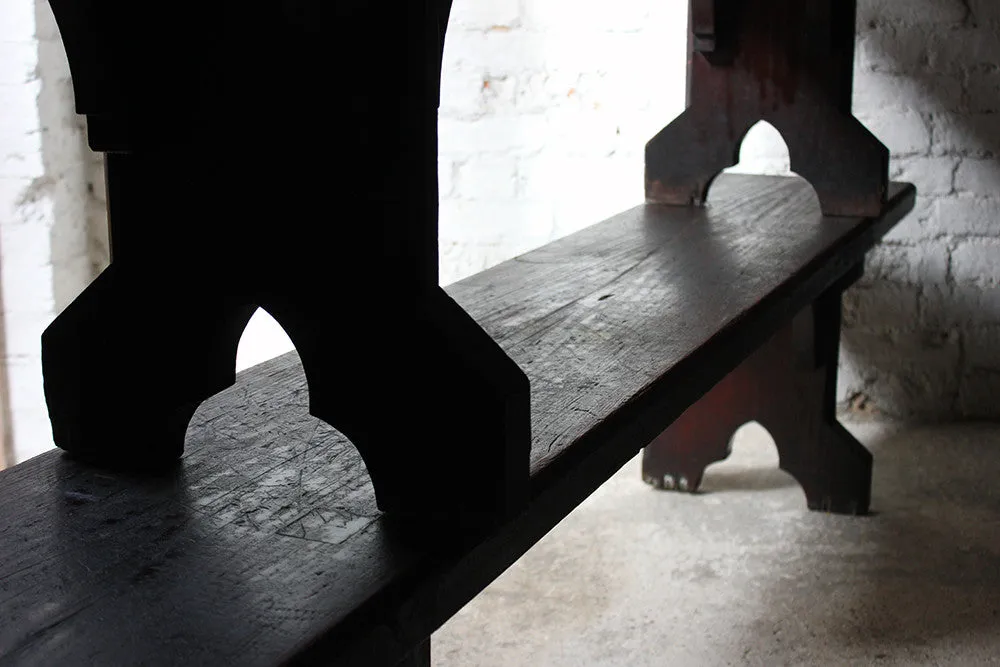 A Good Near Pair of c.1860s Gothic Revival Oak Benches in the Manner of A.W.N. Pugin