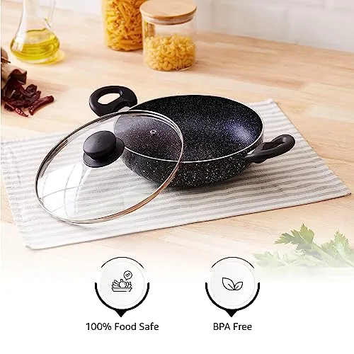 Amazon Brand - Solimo Non-Stick Kadai with Glass Lid & Detachable Handle| Granite Finish | Induction Base | PFOA Free | High Temperature Resistant Exterior Coating | 22 cm | Black