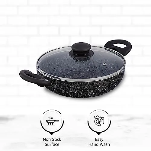 Amazon Brand - Solimo Non-Stick Kadai with Glass Lid & Detachable Handle| Granite Finish | Induction Base | PFOA Free | High Temperature Resistant Exterior Coating | 22 cm | Black