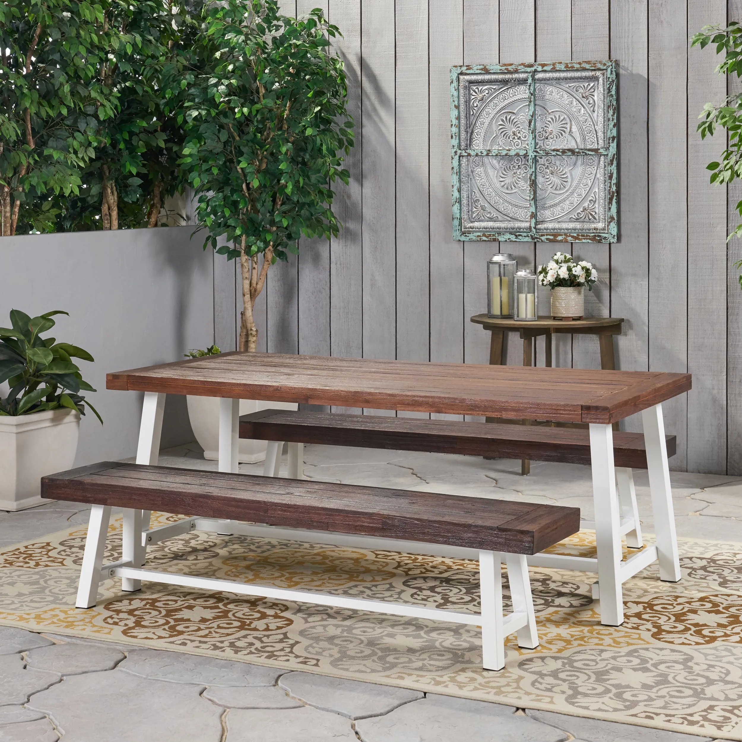 Bowman Farmhouse Outdoor Acacia Wood Picnic Dining Set