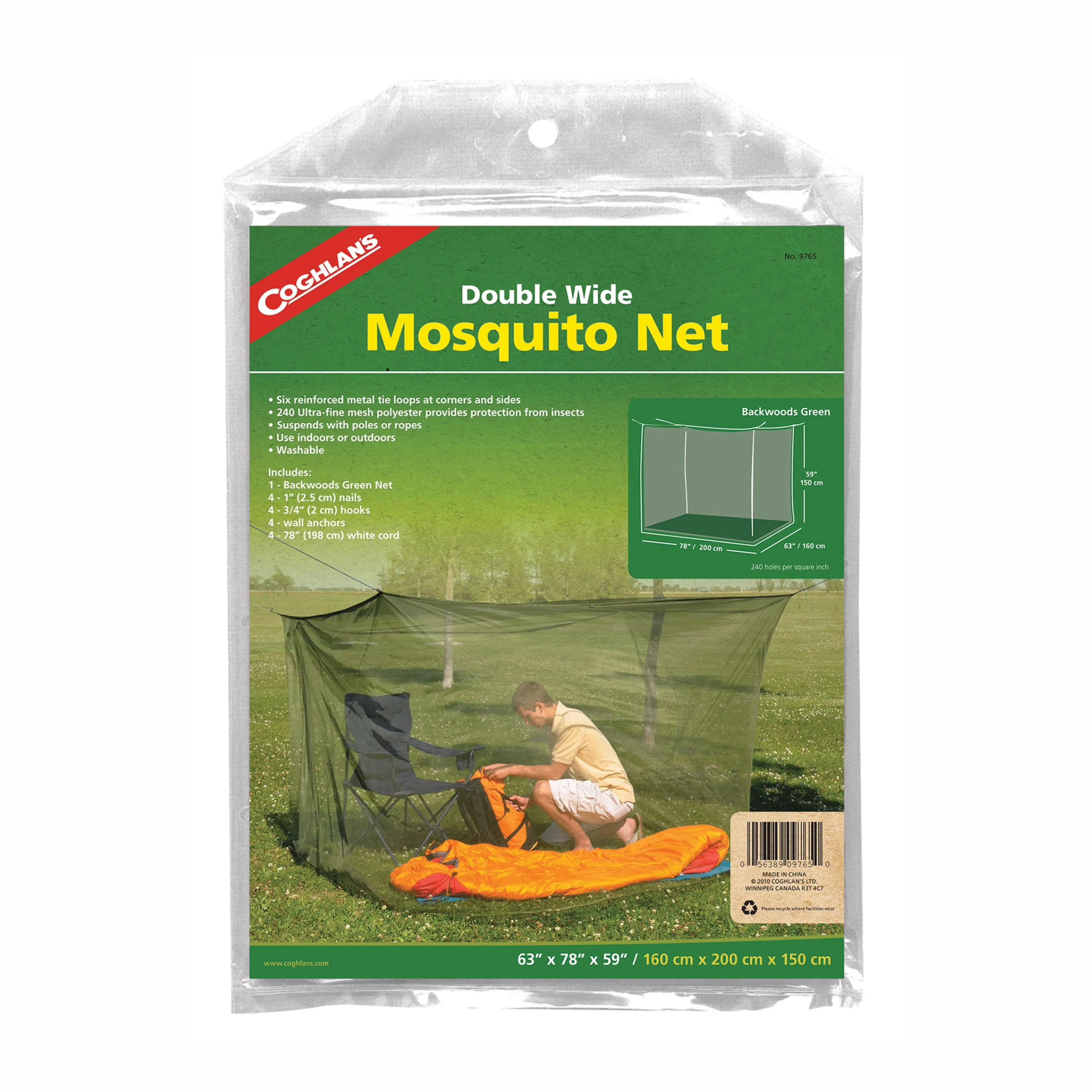 COGHLAN'S 9765 Mosquito Net, Double Wide, Polyester, Olive Green, For: 2 Cots or Sleeping Bags