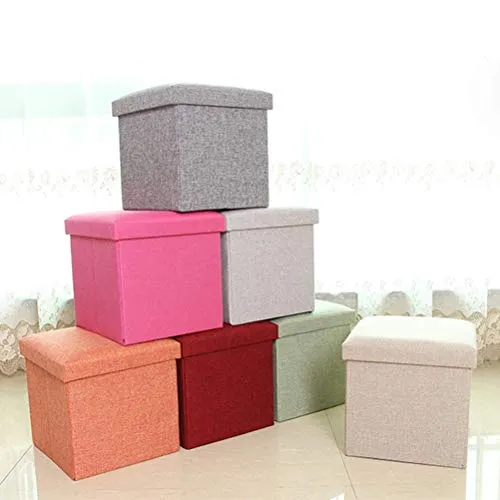 FLYMUG Folding Storage Ottoman Linen Fabric Cube Shape Footrest Coffee Table Step Top Organizer Pouf Box Organizer Stool with Lid Cover