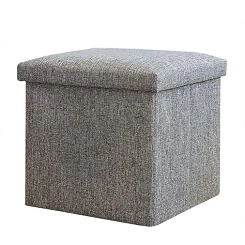 FLYMUG Folding Storage Ottoman Linen Fabric Cube Shape Footrest Coffee Table Step Top Organizer Pouf Box Organizer Stool with Lid Cover