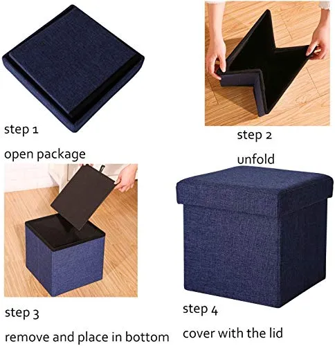 FLYMUG Folding Storage Ottoman Linen Fabric Cube Shape Footrest Coffee Table Step Top Organizer Pouf Box Organizer Stool with Lid Cover