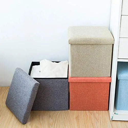 FLYMUG Folding Storage Ottoman Linen Fabric Cube Shape Footrest Coffee Table Step Top Organizer Pouf Box Organizer Stool with Lid Cover