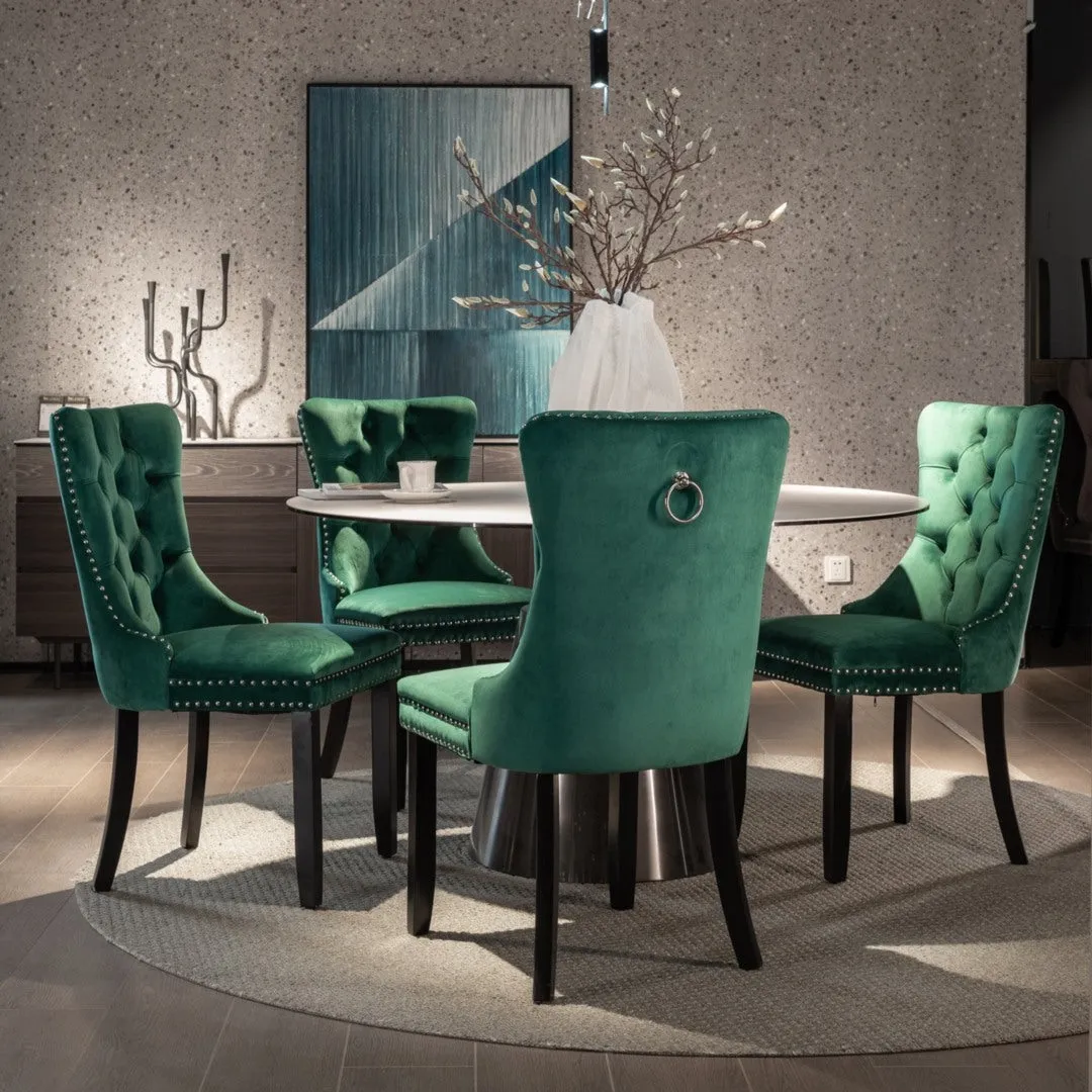 Green Velvet Dining Chairs Set of 4, High Back, Wood Legs