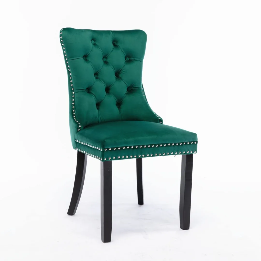 Green Velvet Dining Chairs Set of 4, High Back, Wood Legs