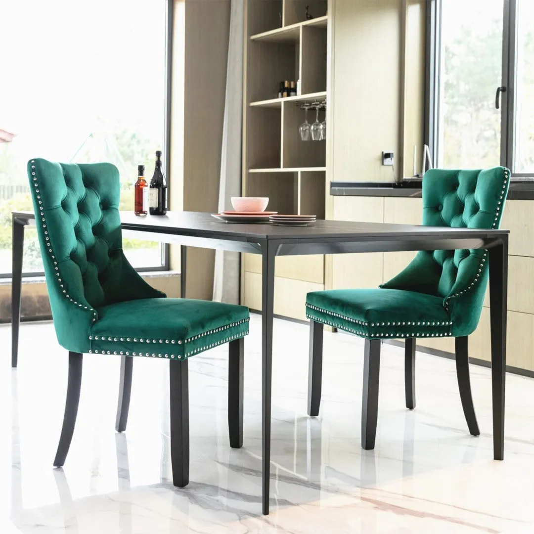 Green Velvet Dining Chairs Set of 4, High Back, Wood Legs