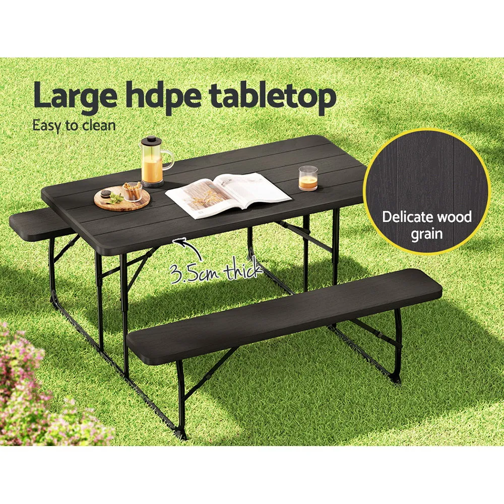 Holden 4-Seater Picnic Patio Bench Camp Folding Table 3-Piece Outdoor Dining Set - Black