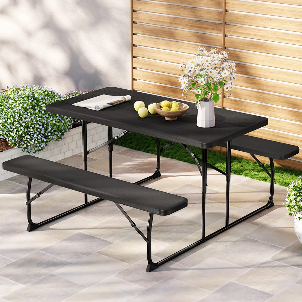 Holden 4-Seater Picnic Patio Bench Camp Folding Table 3-Piece Outdoor Dining Set - Black