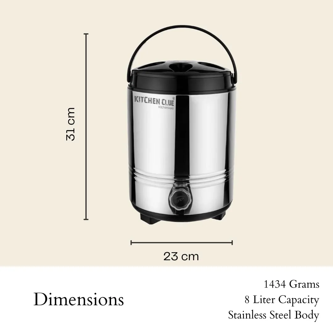 KITCHEN CLUE Stainless Steel PUF Insulated Water Camper/Jug for Travelling, Office, Home Kitchen I 8 Liters Water Containers I Hot and Cold Upto 4-5 Hours I Highly Durable & Unbreakable