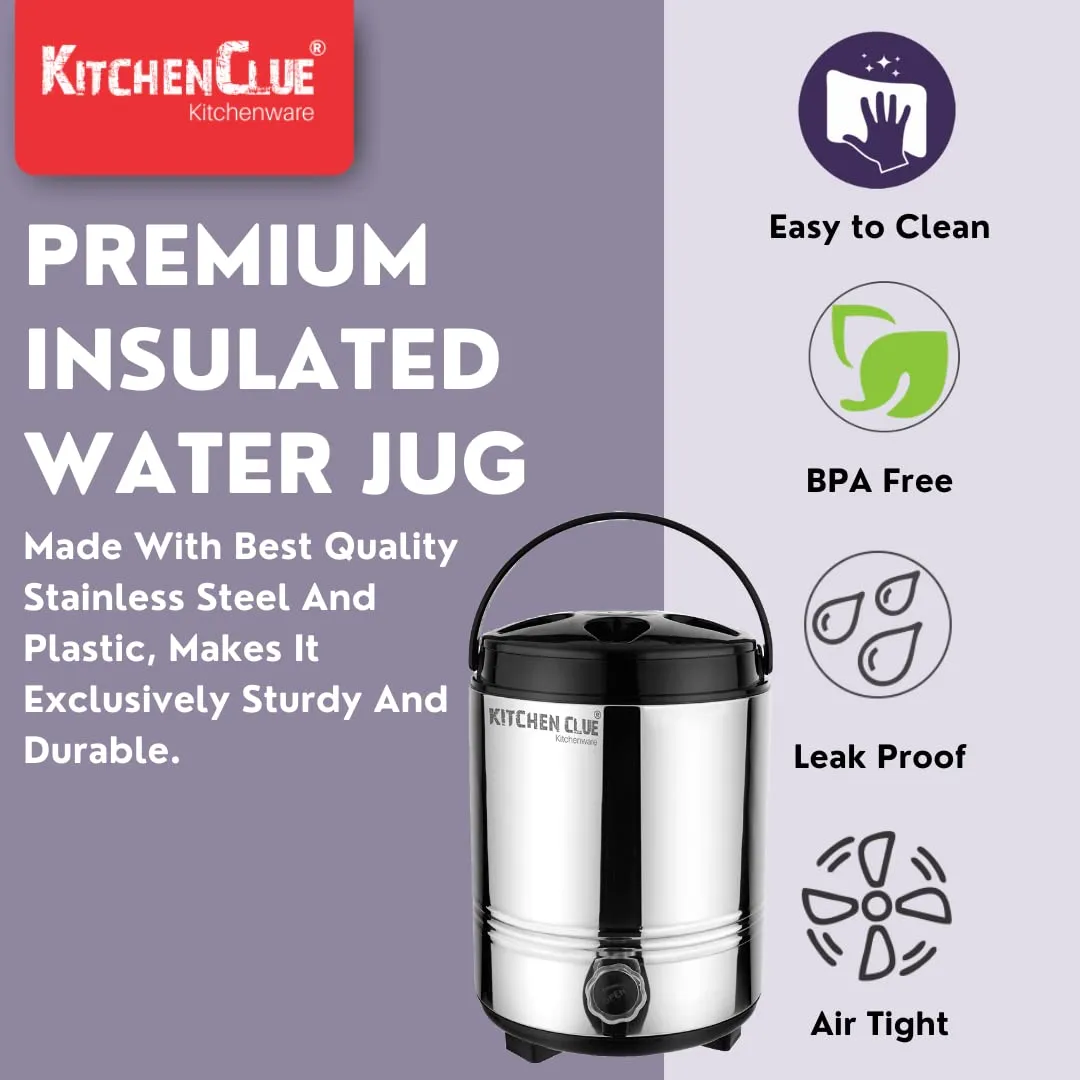 KITCHEN CLUE Stainless Steel PUF Insulated Water Camper/Jug for Travelling, Office, Home Kitchen I 8 Liters Water Containers I Hot and Cold Upto 4-5 Hours I Highly Durable & Unbreakable