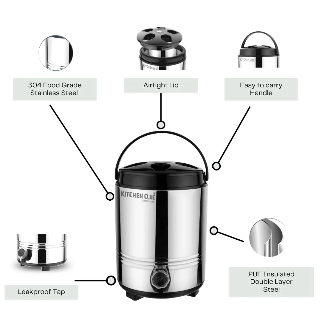 KITCHEN CLUE Stainless Steel PUF Insulated Water Camper/Jug for Travelling, Office, Home Kitchen I 8 Liters Water Containers I Hot and Cold Upto 4-5 Hours I Highly Durable & Unbreakable