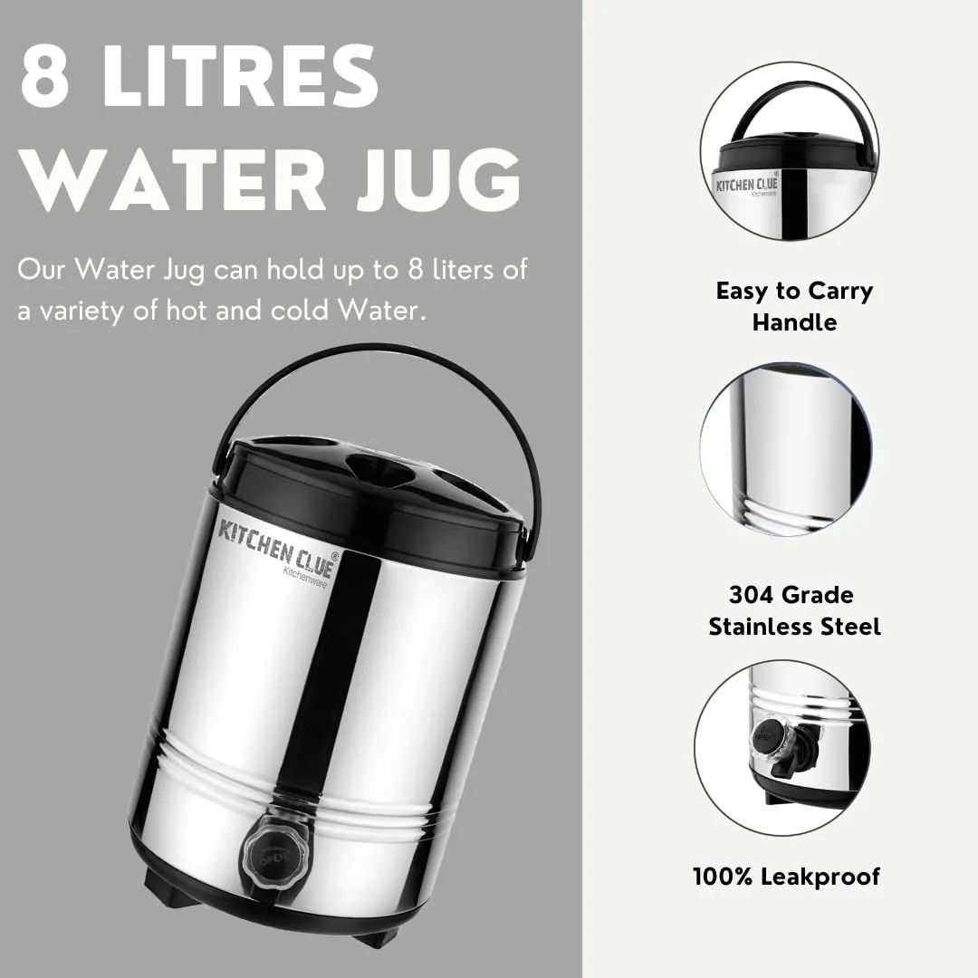 KITCHEN CLUE Stainless Steel PUF Insulated Water Camper/Jug for Travelling, Office, Home Kitchen I 8 Liters Water Containers I Hot and Cold Upto 4-5 Hours I Highly Durable & Unbreakable