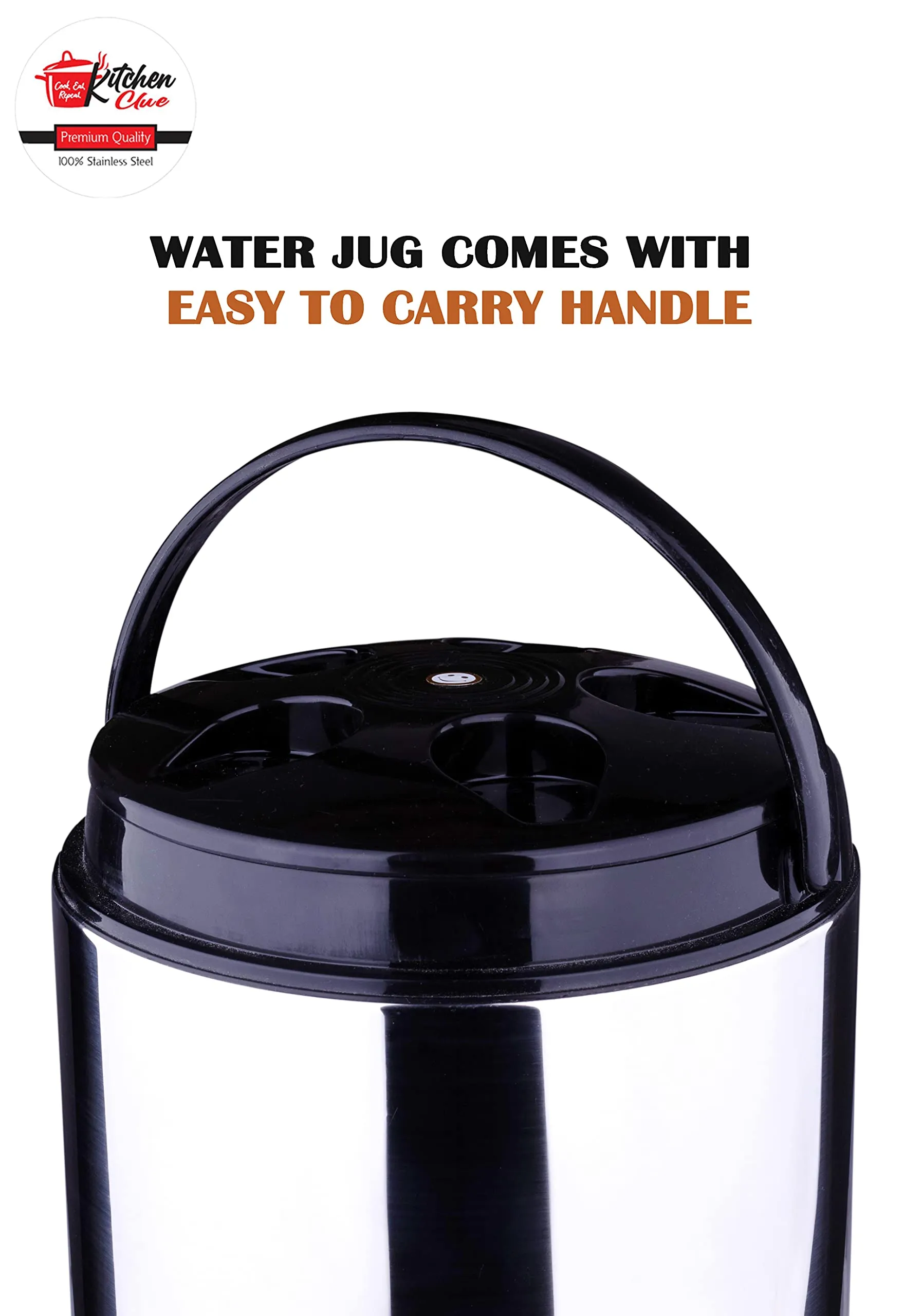 KITCHEN CLUE Steel Water Jug 5 Liter for Office I Stainless Steel Body Inside and Outside with Easy to Carry Handle I Highly Durable and Lightweight I Ideal for Travelling, Picnic, Holiday