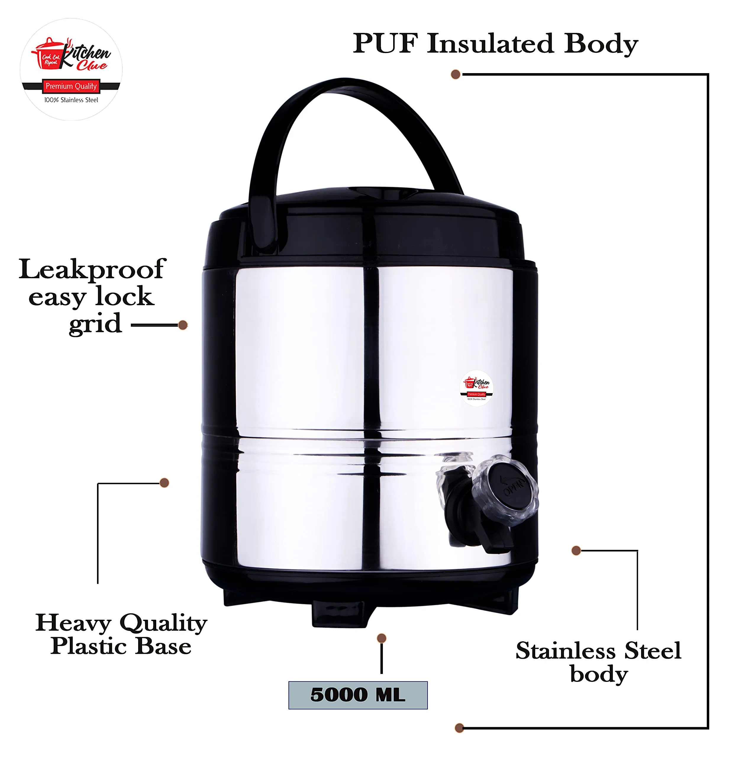 KITCHEN CLUE Steel Water Jug 5 Liter for Office I Stainless Steel Body Inside and Outside with Easy to Carry Handle I Highly Durable and Lightweight I Ideal for Travelling, Picnic, Holiday