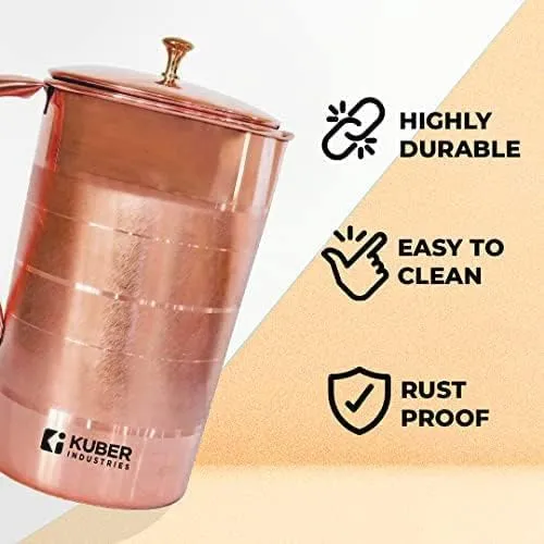 Kuber Industries 1500ml Copper Jug with Lid | BPA Free, Non Toxic, Copper | Rustproof, Durable, Lightweight | with Added Health Benefits of Copper | Ergonomic Design, Easy to Clean | 1.5 L (Pack Of 3)