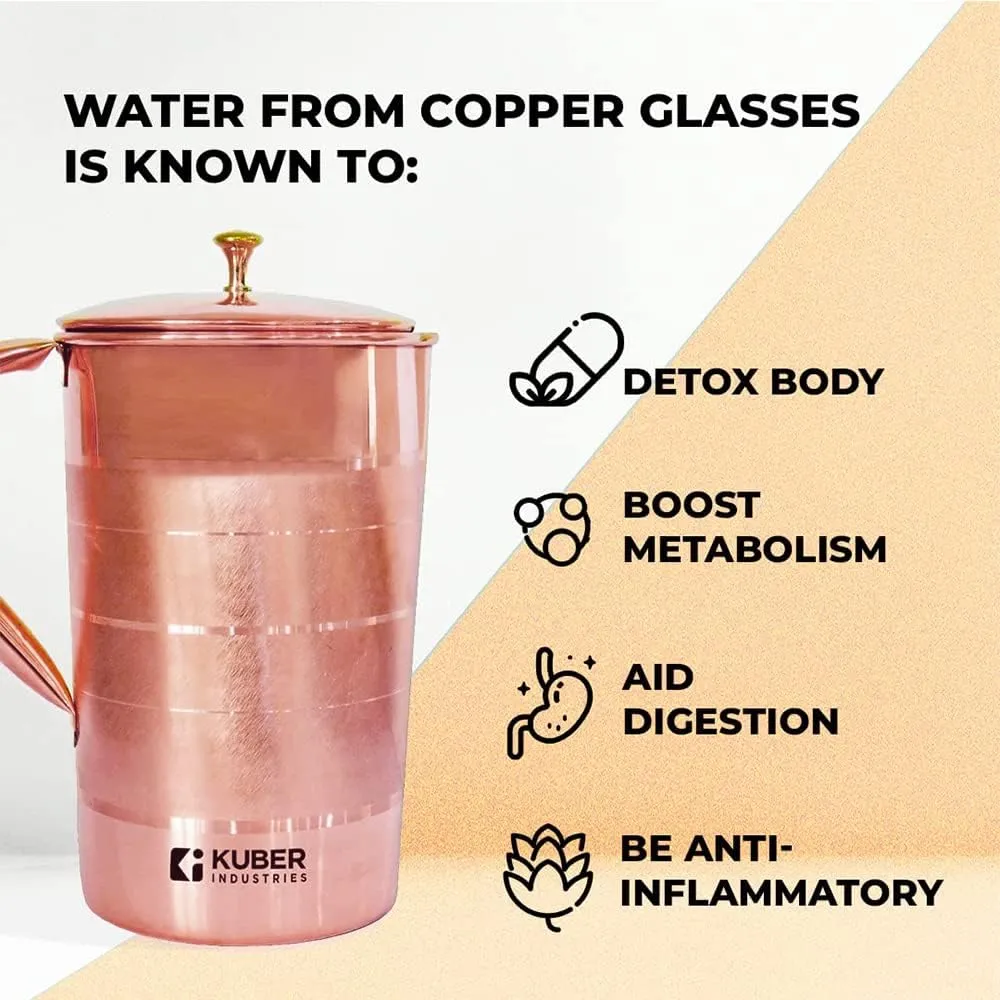 Kuber Industries 1500ml Copper Jug with Lid | BPA Free, Non Toxic, Copper | Rustproof, Durable, Lightweight | with Added Health Benefits of Copper | Ergonomic Design, Easy to Clean | 1.5 L (Pack Of 3)