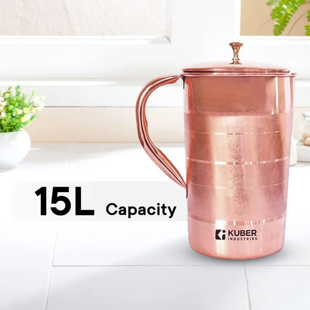 Kuber Industries 1500ml Copper Jug with Lid | BPA Free, Non Toxic, Copper | Rustproof, Durable, Lightweight | with Added Health Benefits of Copper | Ergonomic Design, Easy to Clean | 1.5 L (Pack Of 3)