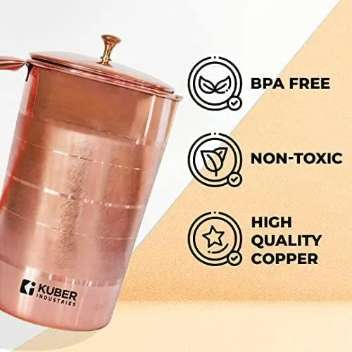 Kuber Industries 1500ml Copper Jug with Lid | BPA Free, Non Toxic, Copper | Rustproof, Durable, Lightweight | with Added Health Benefits of Copper | Ergonomic Design, Easy to Clean | 1.5 L (Pack Of 3)