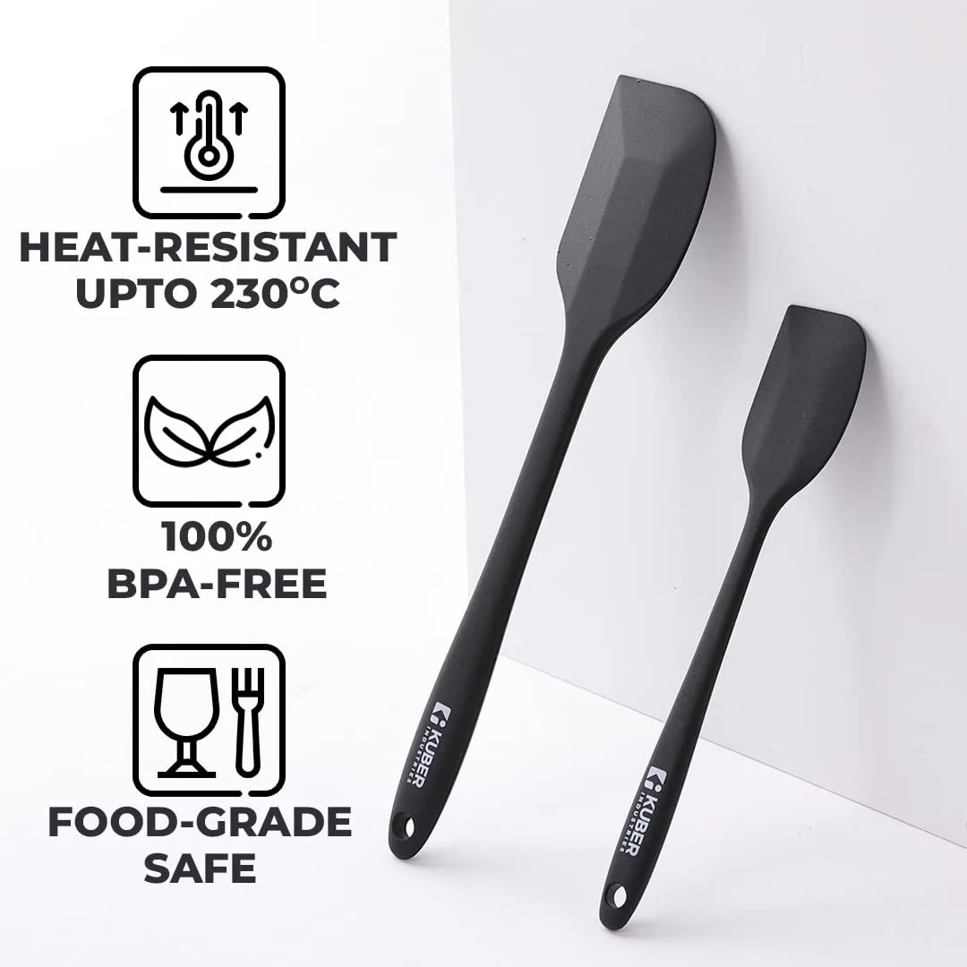 Kuber Industries Silicon Spatula Set| BPA-Free & Food Grade Silicon|Non-Stick Cookware Set of 2 (1 Large, 1 Regular Spatula)|Cooking & Baking Essentials|Heat Resistant|Dishwasher Safe (Black)