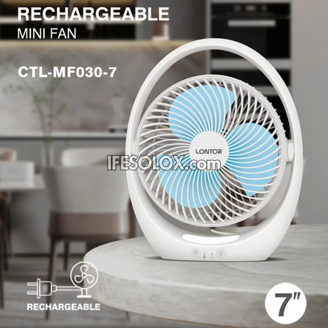 LONTOR 7" Rechargeable Mini Table Fan with 3-Blades and Harmonious Night Light (CTL-MF030-7) - Brand New