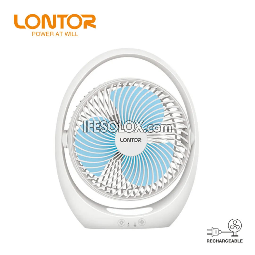 LONTOR 7" Rechargeable Mini Table Fan with 3-Blades and Harmonious Night Light (CTL-MF030-7) - Brand New