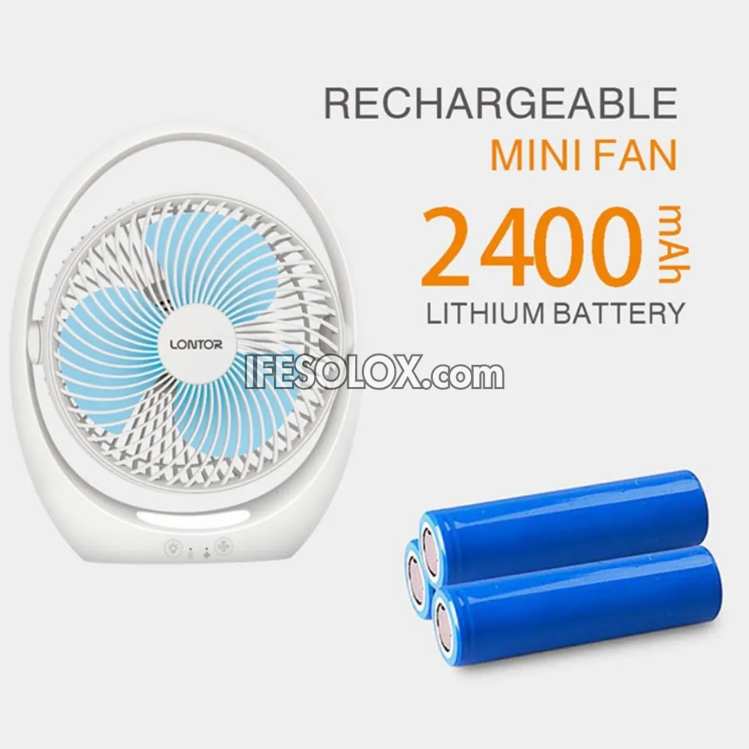 LONTOR 7" Rechargeable Mini Table Fan with 3-Blades and Harmonious Night Light (CTL-MF030-7) - Brand New