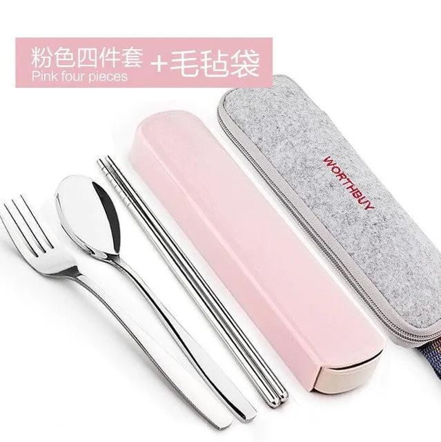 New Arrival Portable Stainless Steel Dinnerware Sets Travel Picnic Chinese Tableware Chopsticks Spoon Fork For Kids School Gifts