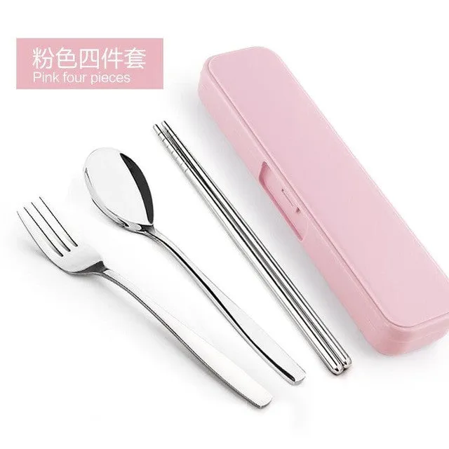 New Arrival Portable Stainless Steel Dinnerware Sets Travel Picnic Chinese Tableware Chopsticks Spoon Fork For Kids School Gifts