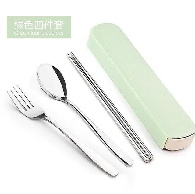 New Arrival Portable Stainless Steel Dinnerware Sets Travel Picnic Chinese Tableware Chopsticks Spoon Fork For Kids School Gifts