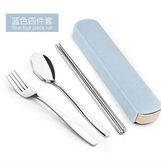 New Arrival Portable Stainless Steel Dinnerware Sets Travel Picnic Chinese Tableware Chopsticks Spoon Fork For Kids School Gifts