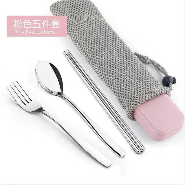 New Arrival Portable Stainless Steel Dinnerware Sets Travel Picnic Chinese Tableware Chopsticks Spoon Fork For Kids School Gifts