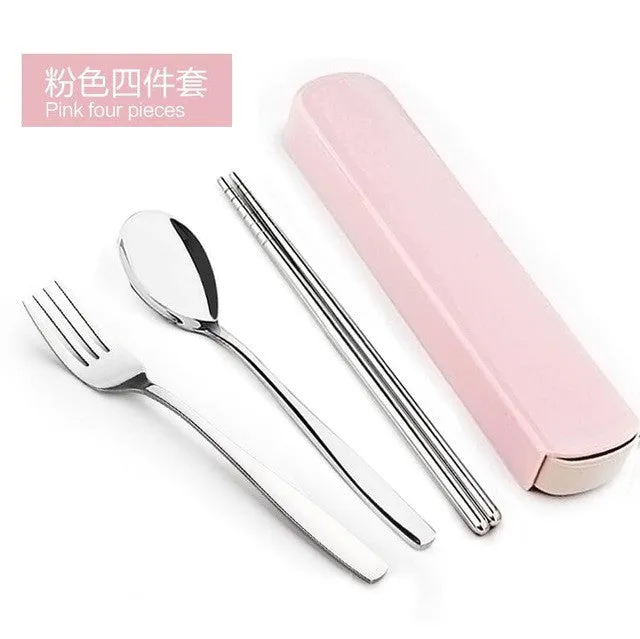 New Arrival Portable Stainless Steel Dinnerware Sets Travel Picnic Chinese Tableware Chopsticks Spoon Fork For Kids School Gifts