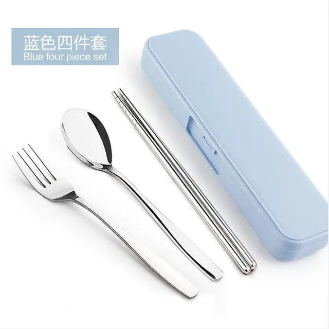 New Arrival Portable Stainless Steel Dinnerware Sets Travel Picnic Chinese Tableware Chopsticks Spoon Fork For Kids School Gifts