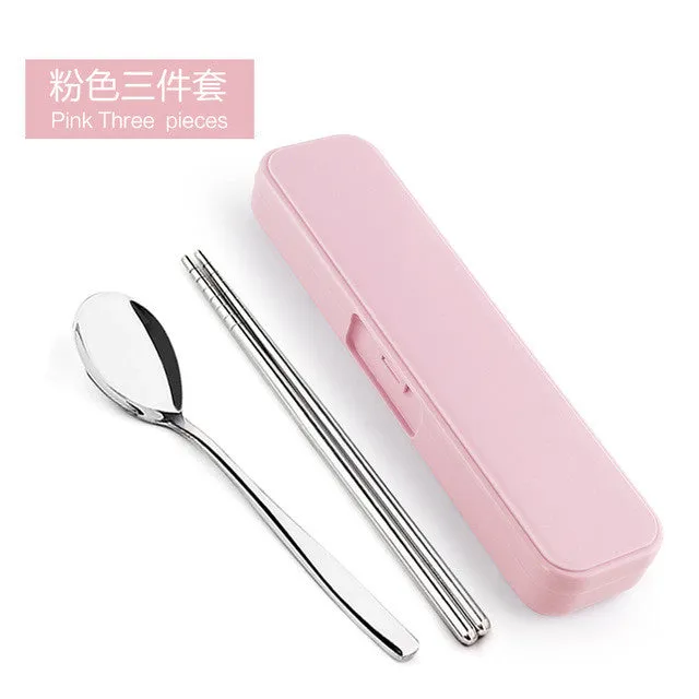 New Arrival Portable Stainless Steel Dinnerware Sets Travel Picnic Chinese Tableware Chopsticks Spoon Fork For Kids School Gifts