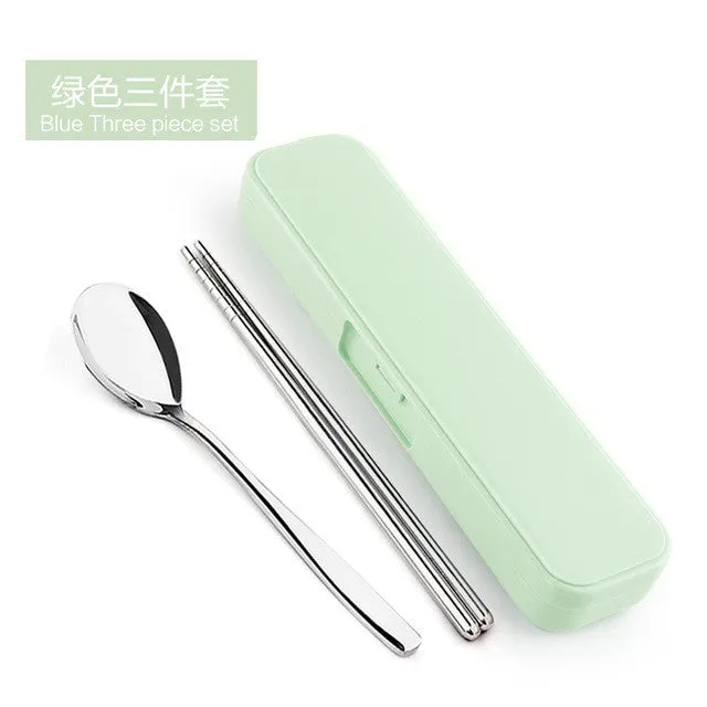 New Arrival Portable Stainless Steel Dinnerware Sets Travel Picnic Chinese Tableware Chopsticks Spoon Fork For Kids School Gifts