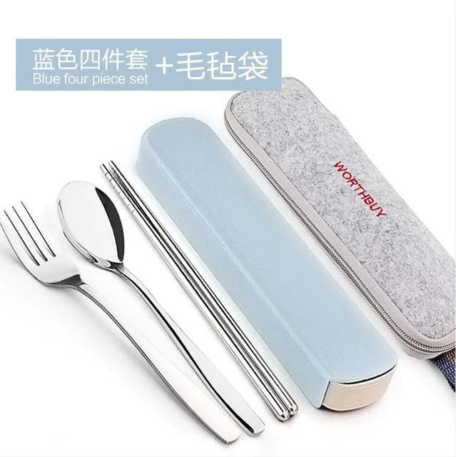 New Arrival Portable Stainless Steel Dinnerware Sets Travel Picnic Chinese Tableware Chopsticks Spoon Fork For Kids School Gifts