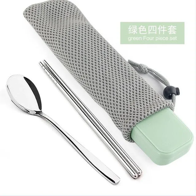 New Arrival Portable Stainless Steel Dinnerware Sets Travel Picnic Chinese Tableware Chopsticks Spoon Fork For Kids School Gifts