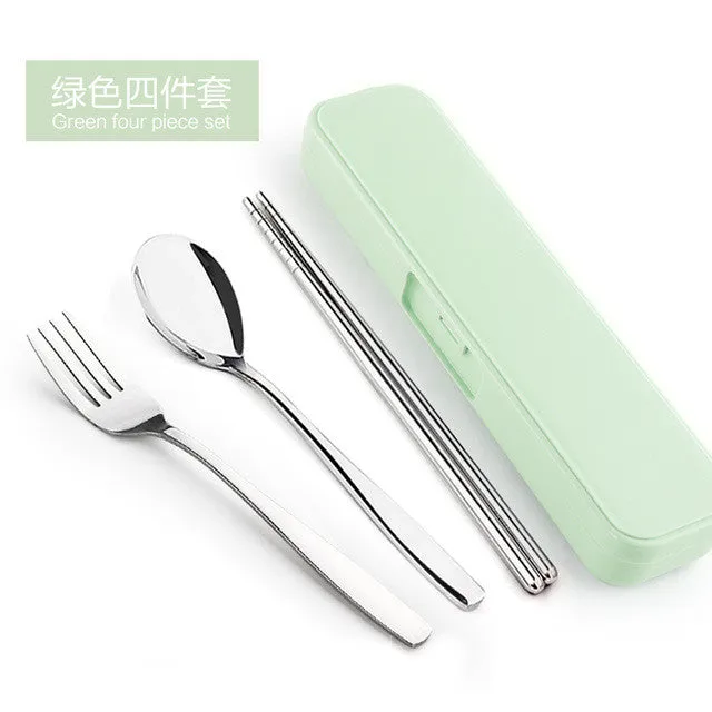 New Arrival Portable Stainless Steel Dinnerware Sets Travel Picnic Chinese Tableware Chopsticks Spoon Fork For Kids School Gifts