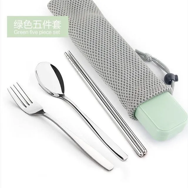 New Arrival Portable Stainless Steel Dinnerware Sets Travel Picnic Chinese Tableware Chopsticks Spoon Fork For Kids School Gifts